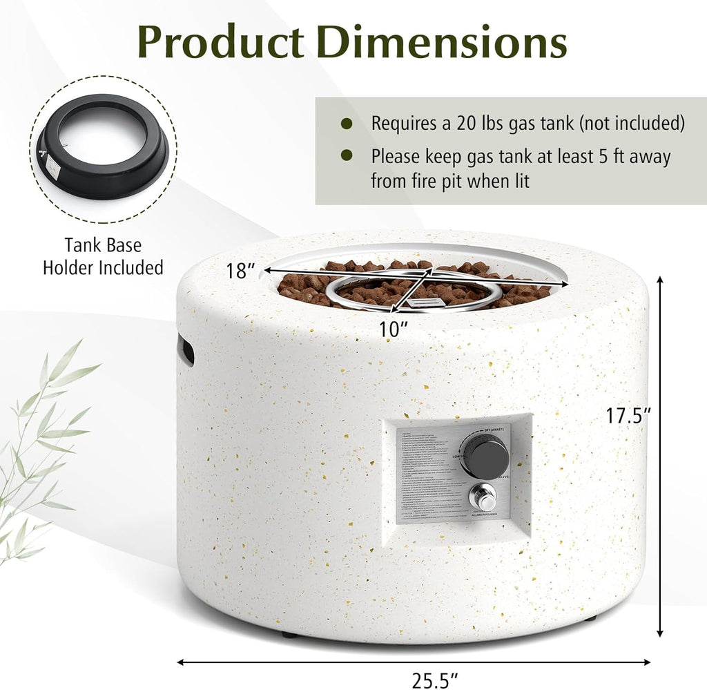 Tangkula Propane Fire Pit Table, 25.5�� Round Terrazzo Gas Fire Pit with Stainless Steel Burner & Lava Rocks, Protective Cover & Tank Seat Included, 40,000 BTU Smokeless Fire Pit for Outside Patio