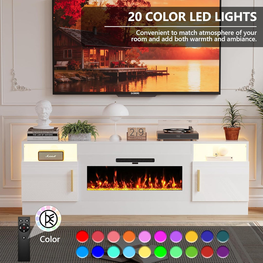 Fireplace TV Stand with 36’’ Electric Fireplace, 70'' TV Media Entertainment Center with Fireplace Up to 80 inch,Modern LED TV Console with High Gloss Cabinet for Living Room