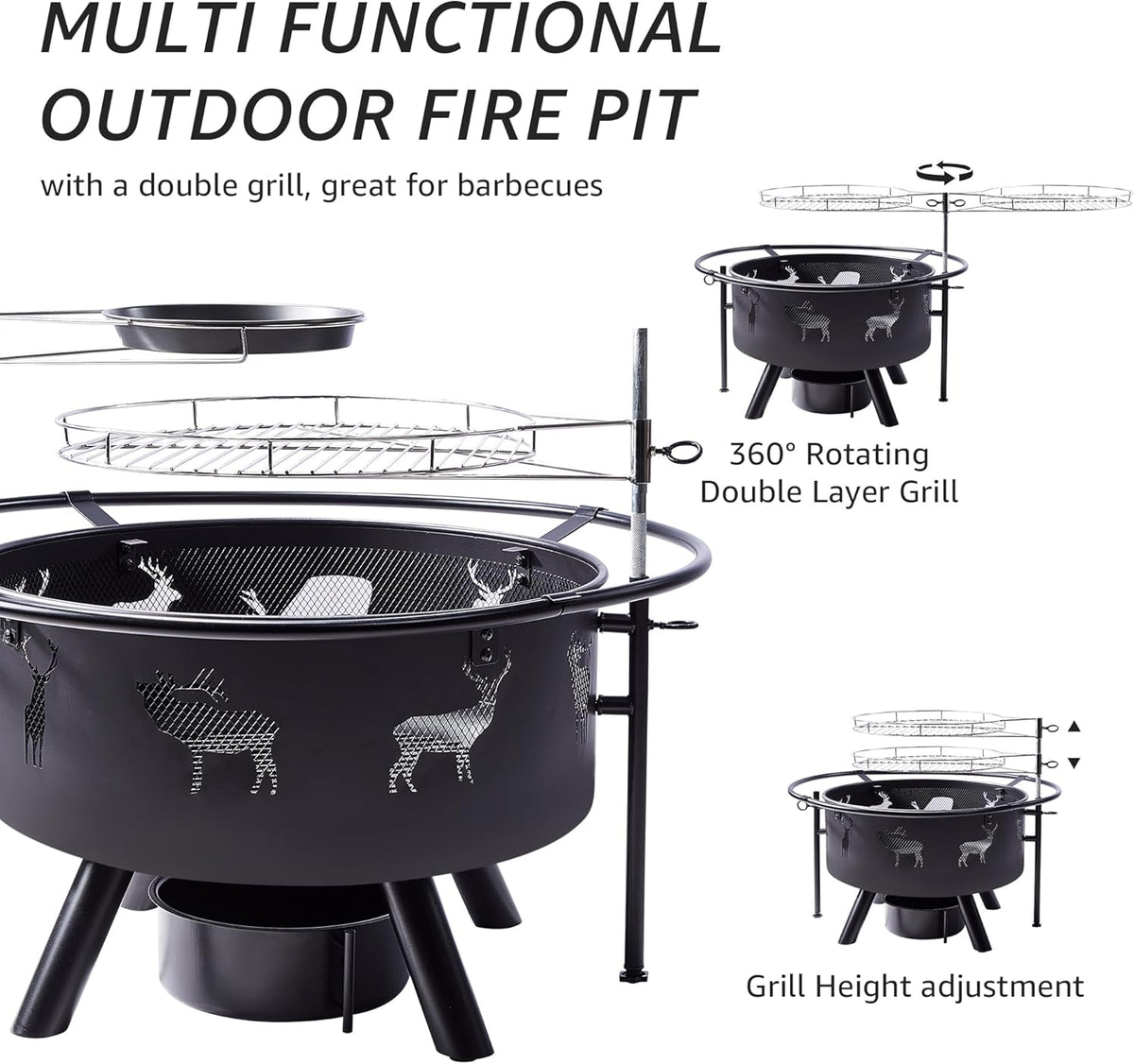 NATURAL EXPRESSIONS 32 Inch Large Fire Pit with 2 Grills, Outdoor Wood Burning Fire Pit with Cooking Grate, Lid, Poker and Round Waterproof Cover for Patio, Ourside, Bonfires, Picnic, Party.