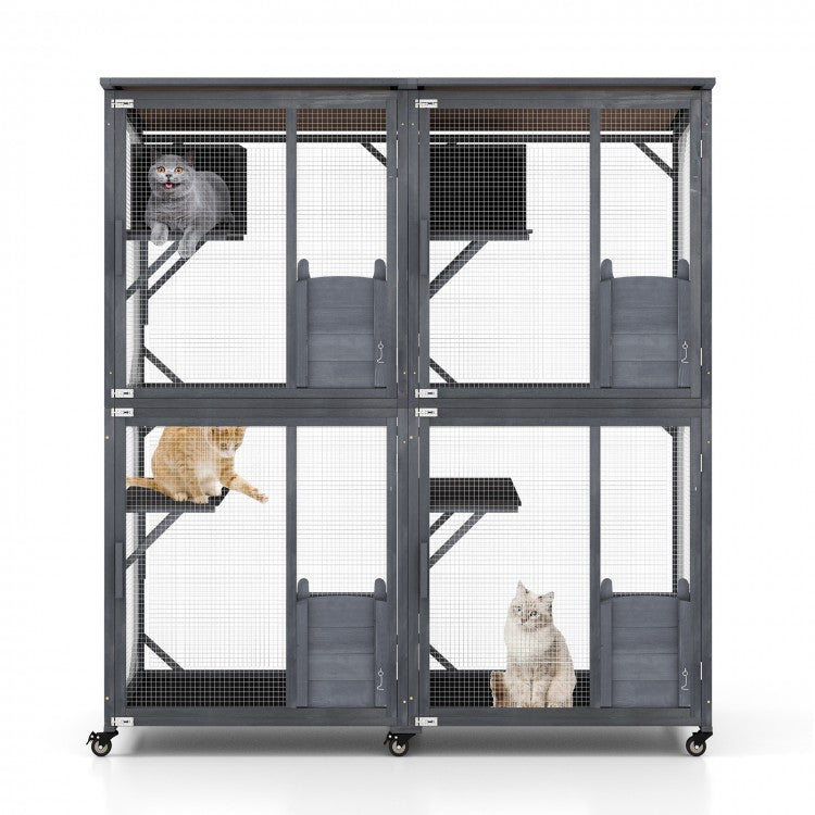 72 Inch Large Wooden Cat House Catio Kitten Enclosure on Wheels with Weatherproof Asphalt Roof