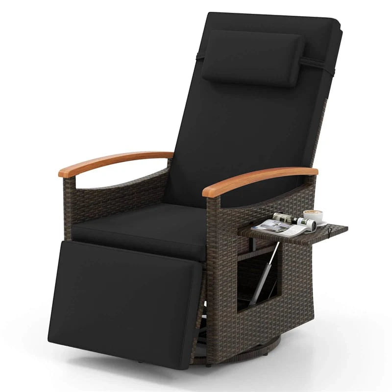Outdoor Rattan 360�� Swivel Recliner Chair, Patio Wicker Chaise Lounge Chair with Adjustable Backrest & Footrest, Flip Side Table & Cushions