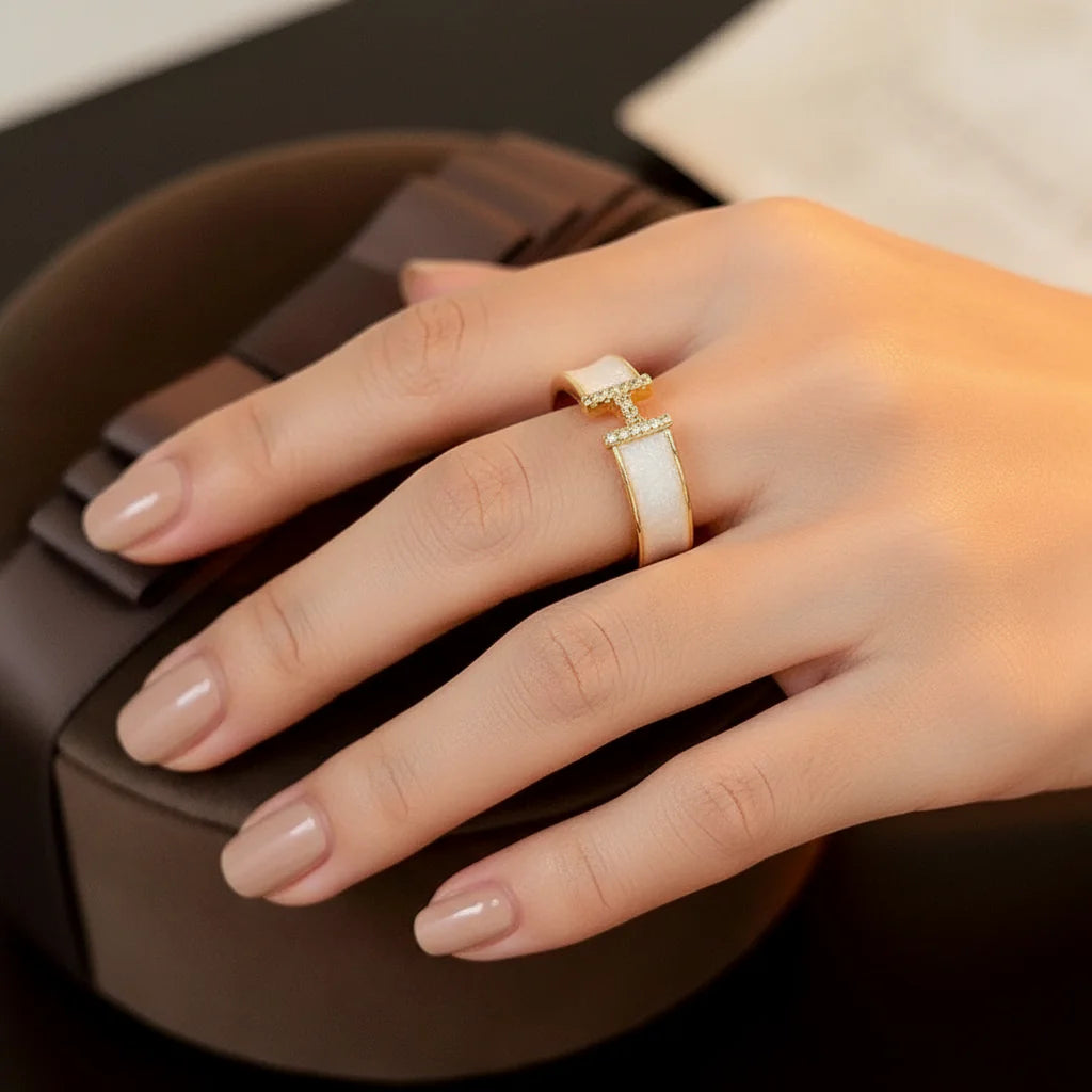 Culbreth's Jewelers Adjustable Mother of Pearl & Rhinestone H Ring