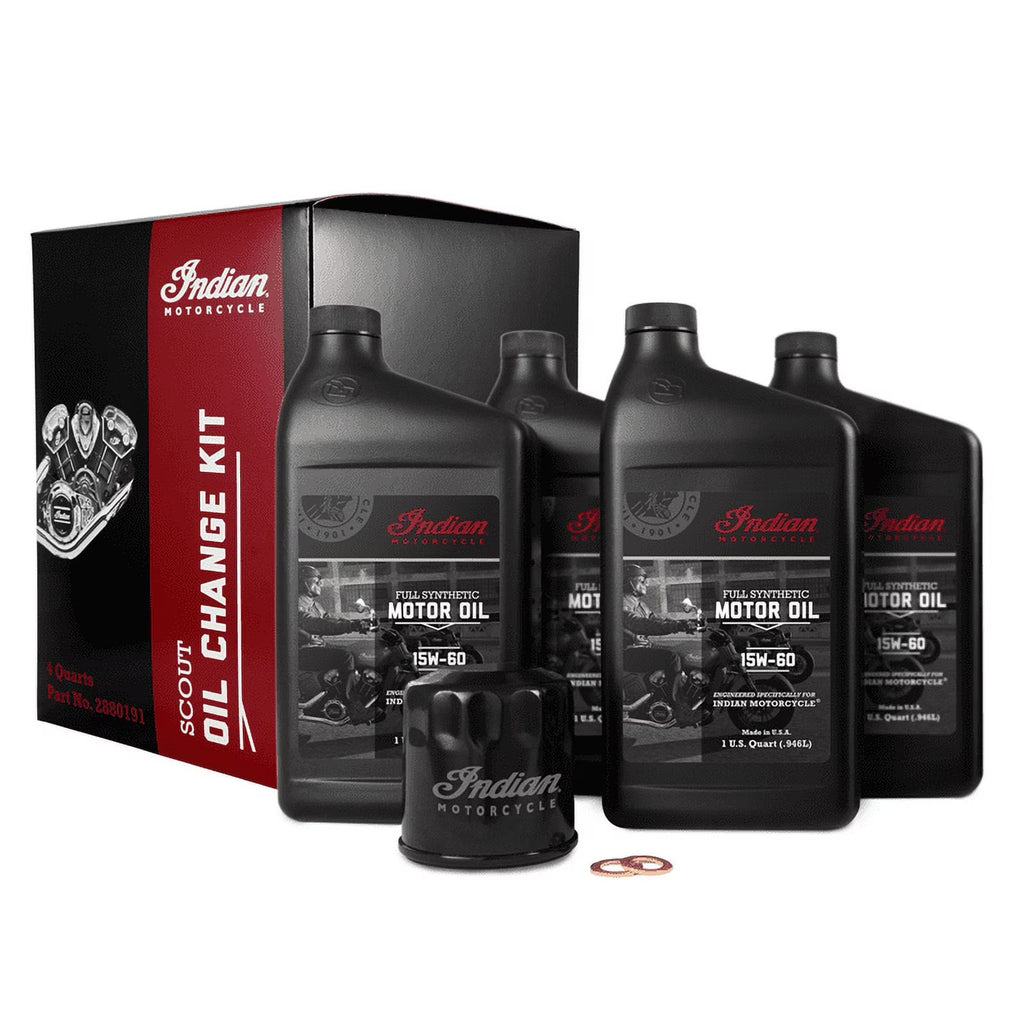 Indian Motorcycle Scout Oil Change Kit with Full Synthetic 15W-60 Motor Oil, 4 Quarts, 2 Washers