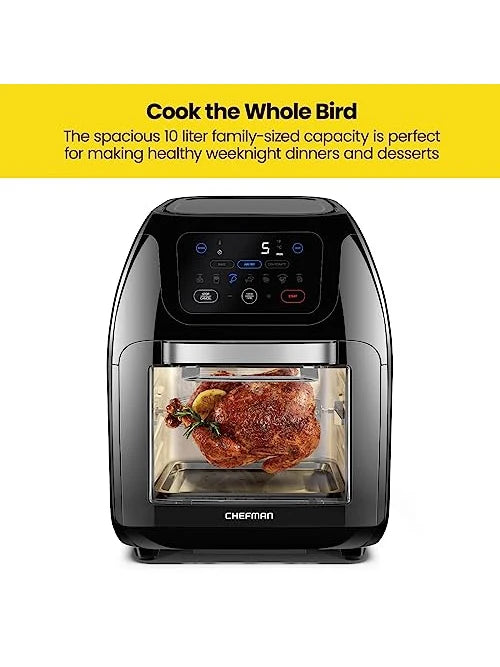 CHEFMAN Multifunctional Digital Air Fryer+ Rotisserie, Dehydrator, Convection Oven, 17 Touch Screen Presets Fry, Roast, Dehydrate, Bake, XL 10L Family Size, Auto Shutoff, Large Easy-View Window, Black