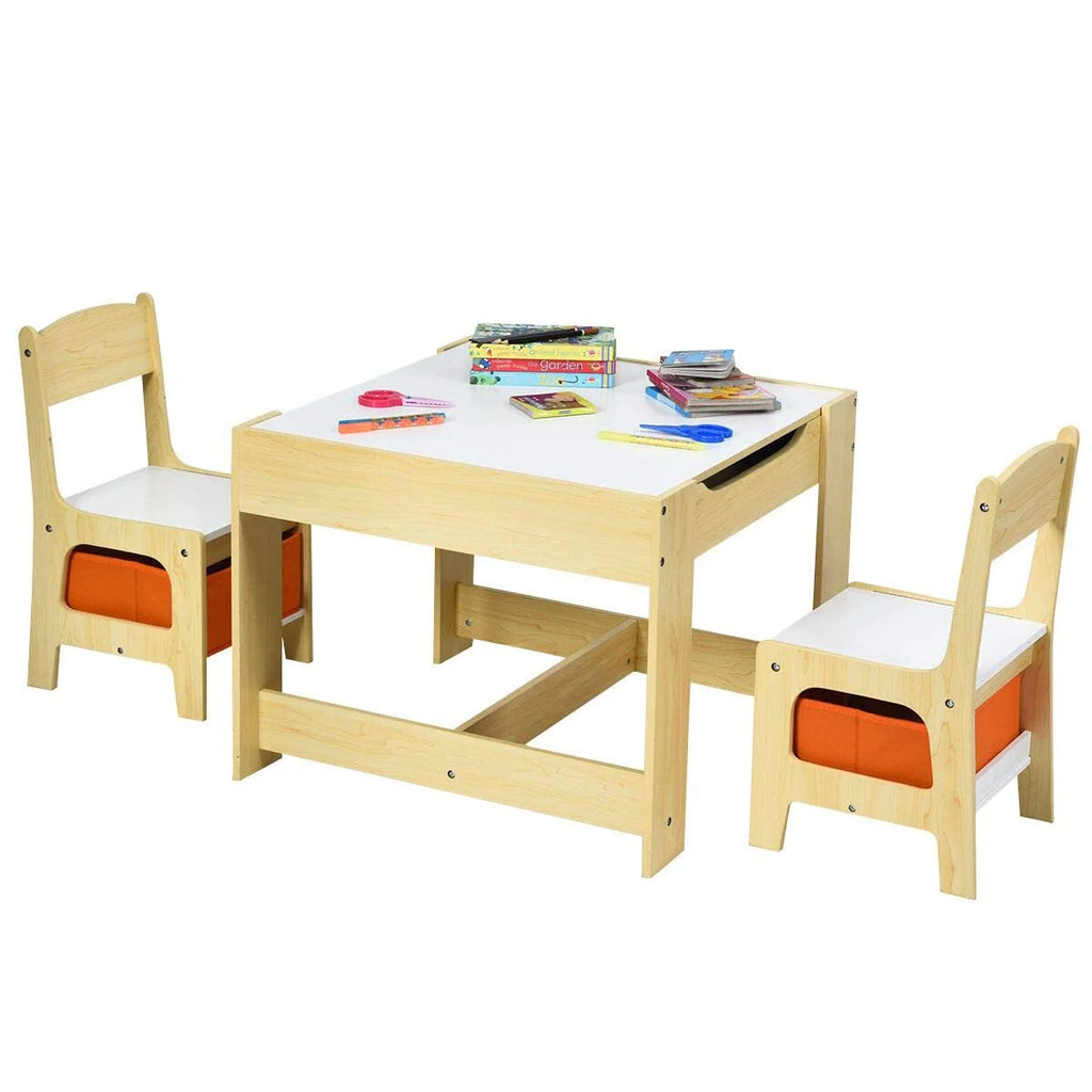 3-in-1 Kids Wood Table Chairs Set with Blackboard & Storage Drawers, Children Multi Activity Table for Learning Playing Drawing