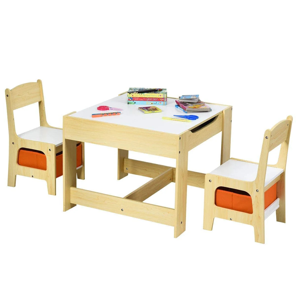 3-in-1 Kids Wood Table Chairs Set with Blackboard & Storage Drawers, Children Multi Activity Table for Learning Playing Drawing