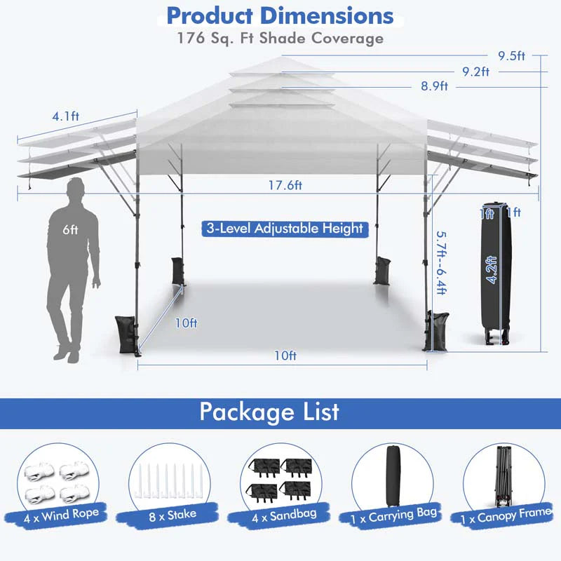 10 x 17.6 FT Outdoor Instant Pop-up Canopy Tent for Market Picnic with Dual Half Awnings & Wheeled Bag