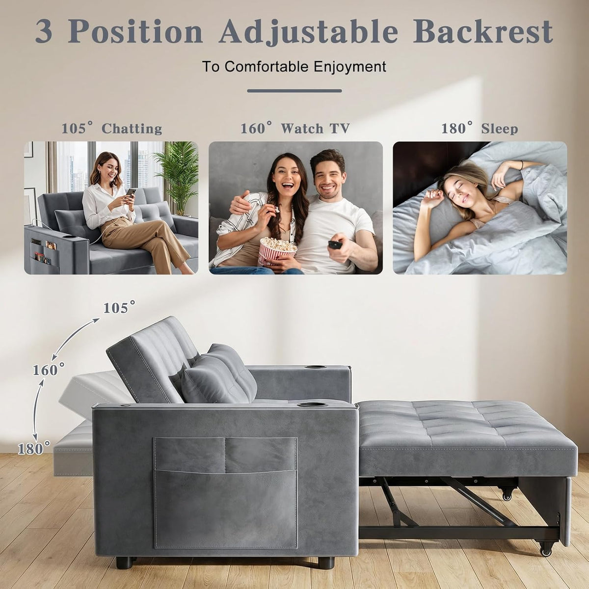 3-in-1 Pull Out Sofa Bed with Charging Station, Cup Holder & Side Storage - 70" Multi-Functional Recliner Sofa Bed for Home Living Room Grey 2