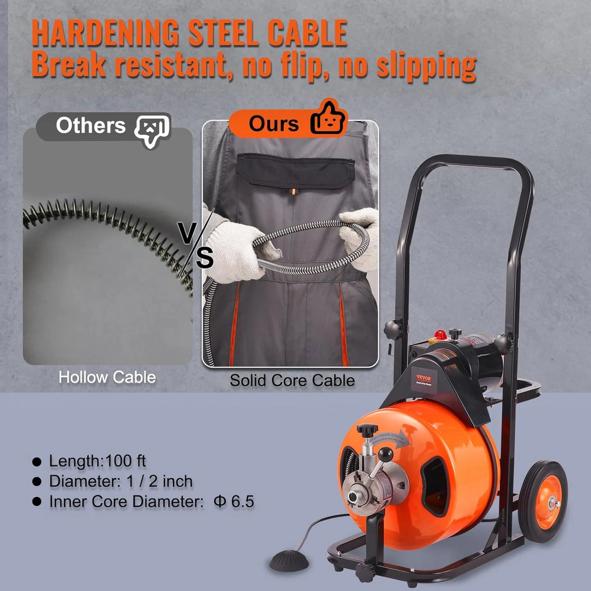 Drain Cleaner Machine 100FT x 1/2Inch, Auto Feed Sewer Snake Auger with 4 Cutter & Air-activated Foot Switch for 1" to 4" Pipes, Orange, Black