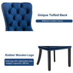 6x Velvet Dining Chairs Upholstered Tufted Kithcen Chair with Solid Wood Legs Stud Trim and Ring-Blue