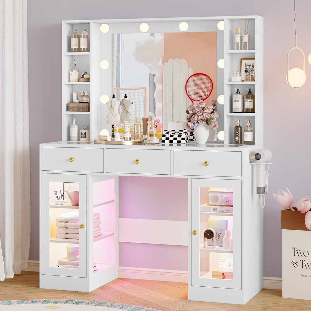 Makeup Vanity Desk with Mirror and Lights, White Vanity with Glass Top, LED Lights & Power Outlet, 3 Drawers & 2 RGB Glass Cabinets, Adjustable Lighted Dressing Table for Women & Girls Bedroom