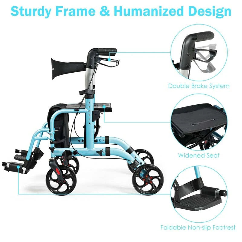 2 in 1 Rollator Walker Wheelchair Folding Medical Walker, Aluminum Transport Chair Mobility Walking Aid