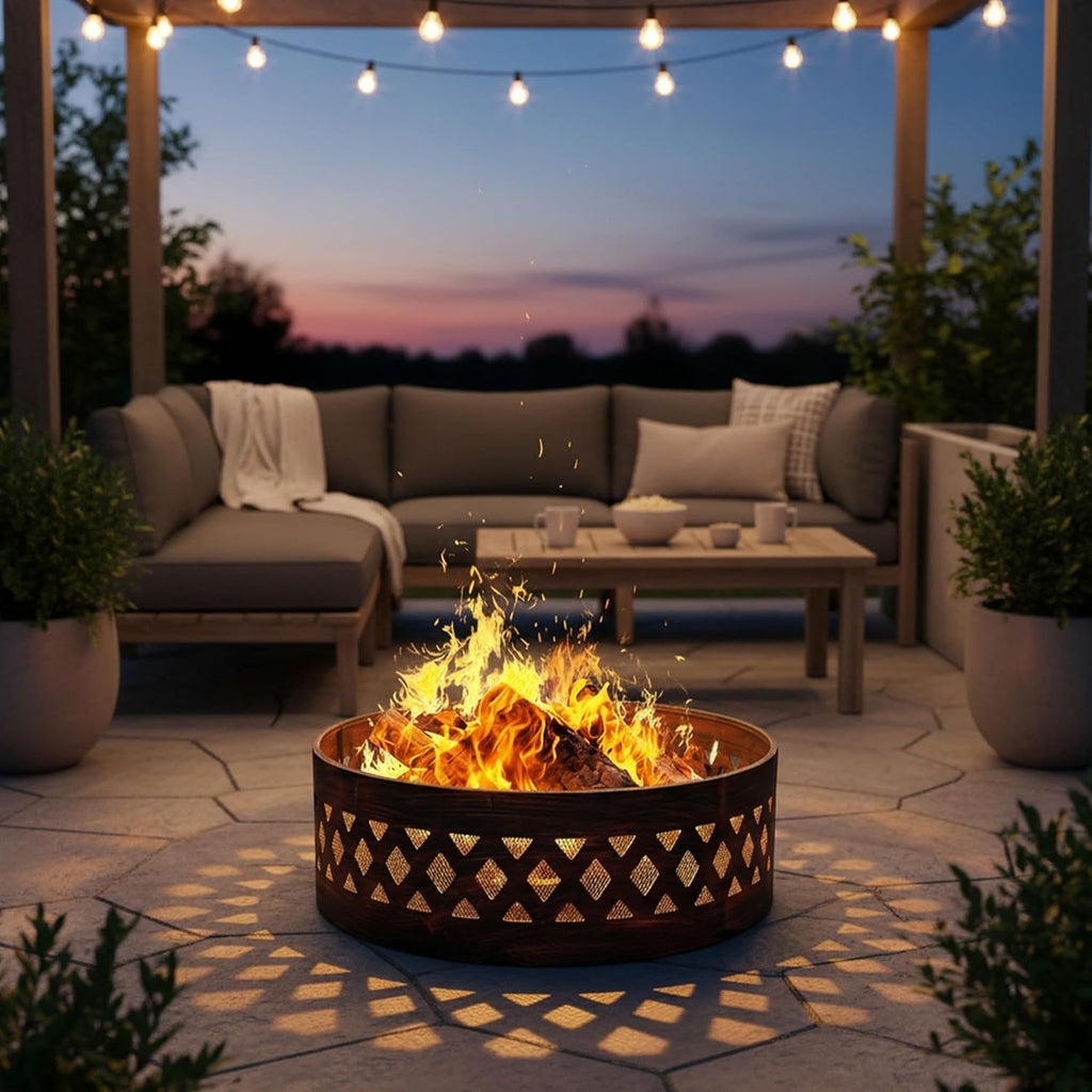 Sunnydaze 36-Inch Outdoor Fire Pit Ring with Poker - Round Heavy-Duty Steel Fire Ring for Camping or Backyard - Crossweave - 12" H