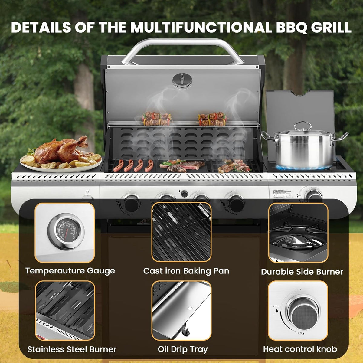 4-Burner Gas Grill with Side Burner Stainless Steel Propane Grill with Porcelain-Enameled Grills Built-In Thermometer 42000BTU BBQ Grill for Outdoor Cooking and Patio Barbecues