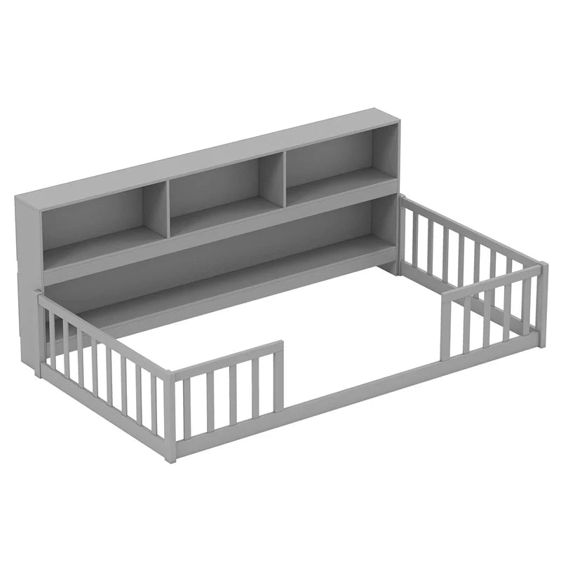 Twin Montessori Floor Bed, Wood Floor Bed Frame with Bookcase, Storage Shelves & Safety Fence Rails for Kids, No Box Spring Needed