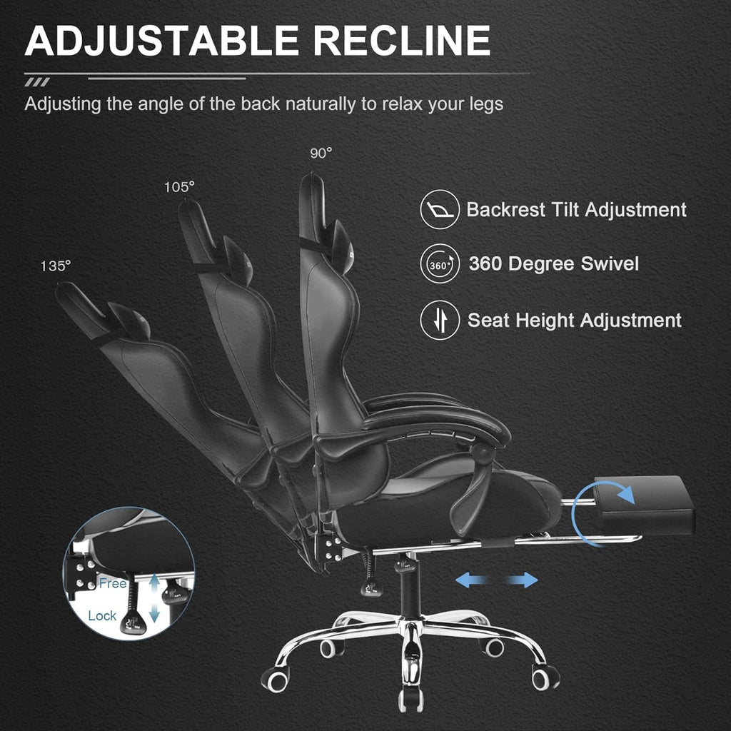 GTPLAYER Gaming Chair, Computer Chair with Footrest and Lumbar Support, Height Adjustable Game Chair with 360  -Swivel Seat and Headrest and for Office or Gaming (White)