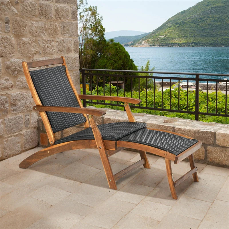 Acacia Wood Rattan Folding Outdoor Chaise Lounge Chair with Retractable Footrest, Pool Lounge Chair Patio Sun Lounger