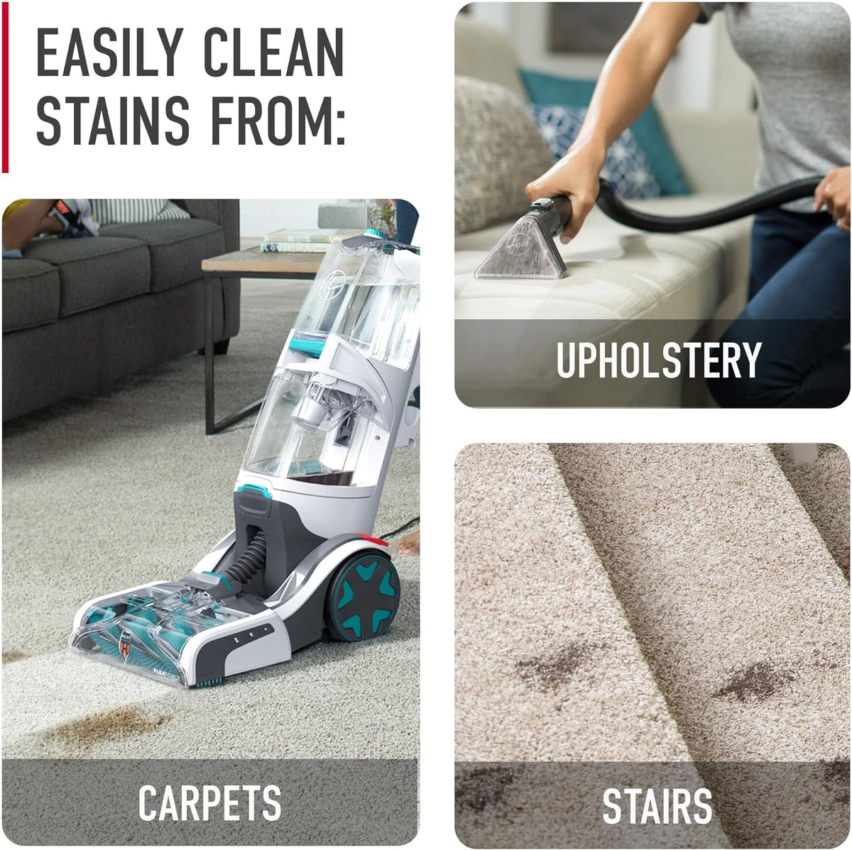 Hoover SmartWash+ Automatic Carpet Cleaner Machine, for Carpet and Upholstery, Deep Cleaning Carpet Shampooer, Carpet Deodorizer and Pet Stain Remover FH52000, Turquoise