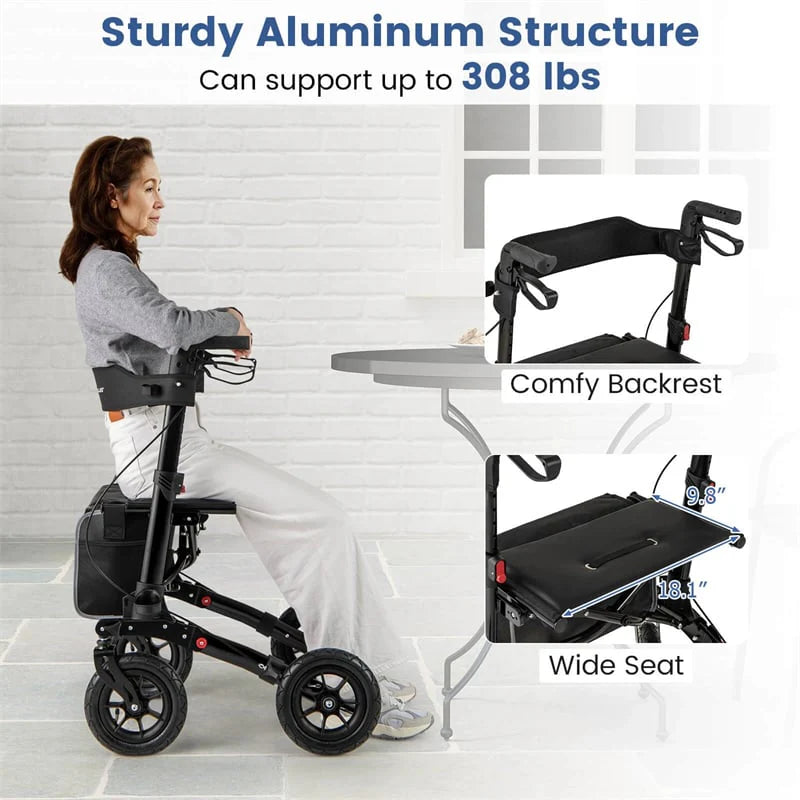 2-in-1 Folding Rolling Rollator Walker with Seat, 9" All-Terrain Pneumatic Tires & Height Adjustment, Aluminum Mobility Walking Aid for Seniors