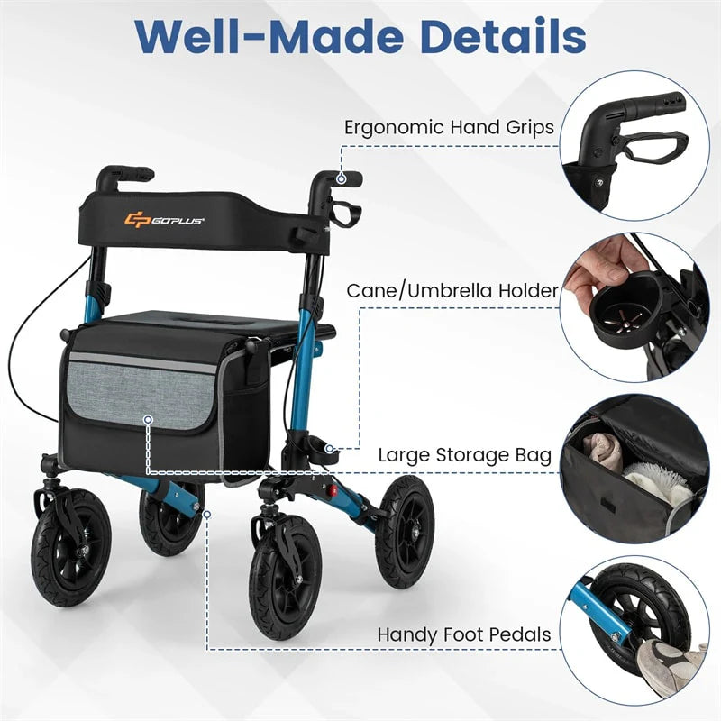 2-in-1 Folding Rolling Rollator Walker with Seat, 9" All-Terrain Pneumatic Tires & Height Adjustment, Aluminum Mobility Walking Aid for Seniors