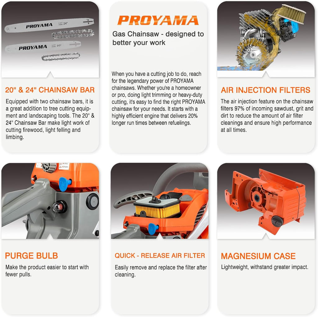 PROYAMA 68CC 2-Cycle Top Handle Gas Powered Chainsaw 24 Inch 20 Inch Petrol Handheld Cordless Chain Saw for Tree Wood Cutting