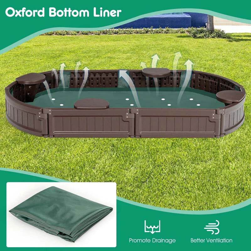 6FT Oval Outdoor Sandbox with Cover, Built-in Corner Seat & Bottom Liner, All Weather Kids Sand Play Station for Backyard Beach