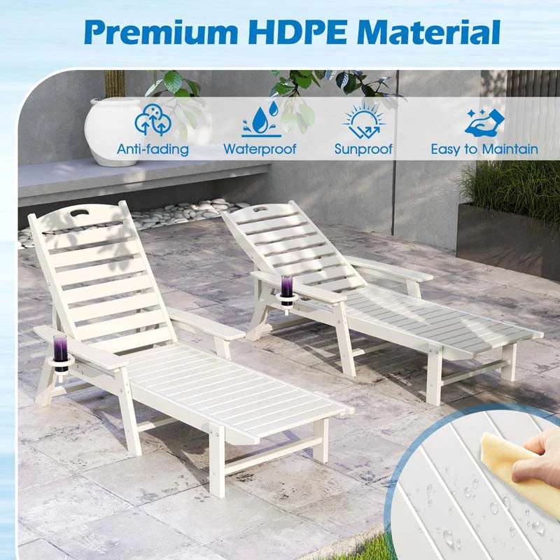Outdoor Chaise Lounge Chair with 4-Position Backrest & Cup Holder, Weatherproof HDPE Reclining Patio Chair for Poolside, Backyard, Garden