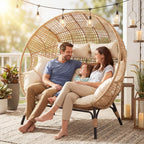 NICESOUL® Double Egg Chair Indoor Outdoor Stationary Oversized 6.5" Thick Padded Cushions 2 Person Egg Wicker Loveseat Chair 680 lbs Extra Large Lounge Chair for Patio Balcony Porch Backyard Beige