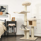 69" Tall Cat Tree, Multi-Level Wooden Cat Tower Condo with Sisal Posts, Modern Big Cat Activity Tree