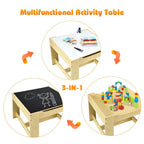 3-in-1 Kids Wood Table Chairs Set with Blackboard & Storage Drawers, Children Multi Activity Table for Learning Playing Drawing