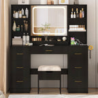 47" Large Vanity Desk with Lighted Mirror & Charging Station, Black Makeup Vanity with 7 Drawers & 6 Shelves, Vanity Set with Cushioned Stool