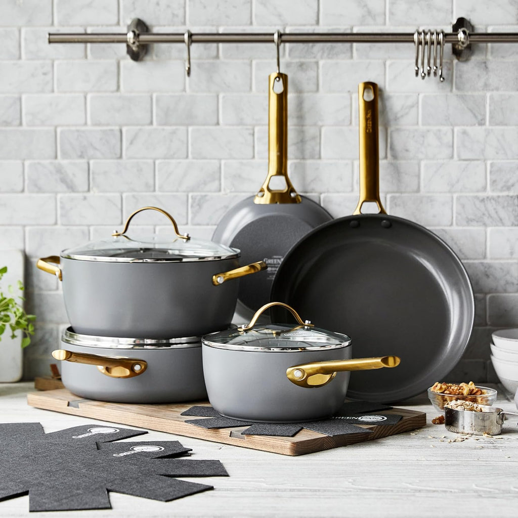 Reserve Hard Anodized Healthy Ceramic Nonstick 10 Piece Cookware Pots and Pans Set, Gold Handle, PFAS-Free, Dishwasher Safe, Oven Safe, Black