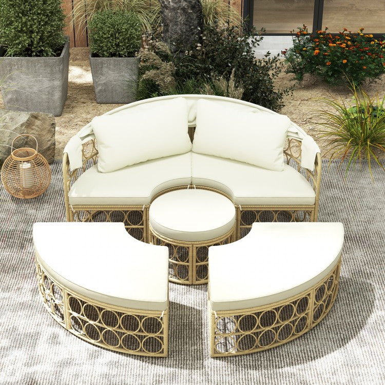 Outdoor Patio Round Daybed with Retractable Canopy and Soft Cushions