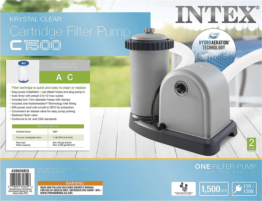 28635EG C1500 Krystal Clear Cartridge Filter Pump for Above Ground Pools:1500 GPH Pump Flow Rate