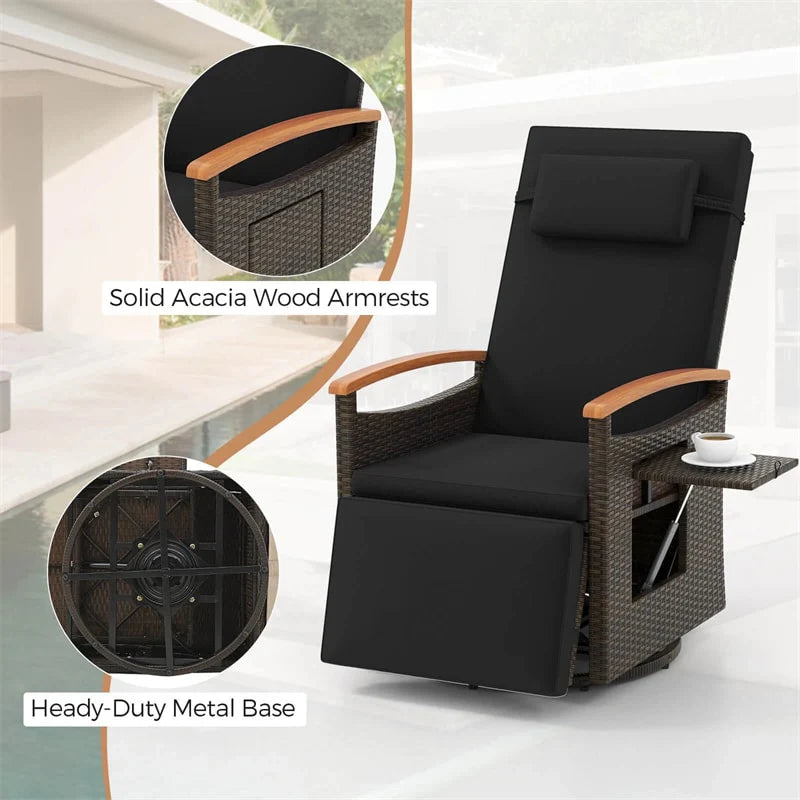 Outdoor Rattan 360�� Swivel Recliner Chair, Patio Wicker Chaise Lounge Chair with Adjustable Backrest & Footrest, Flip Side Table & Cushions