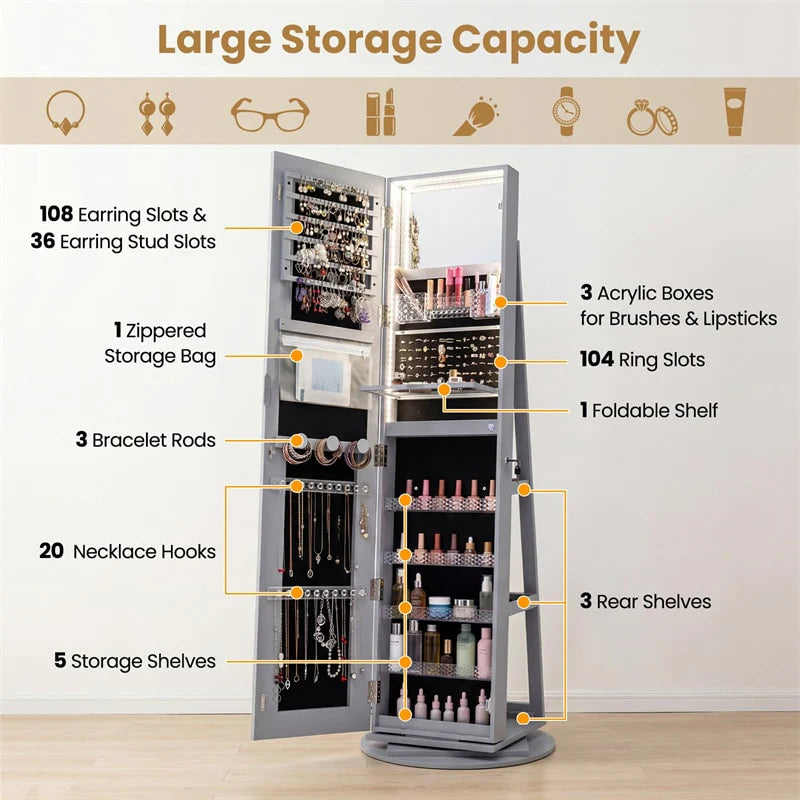 360�� Swivel Jewelry Cabinet Armoire w/ Full Length Mirror 3-Color LED Lights & Rear Shelves, Lockable Standing Jewelry Storage Organizer