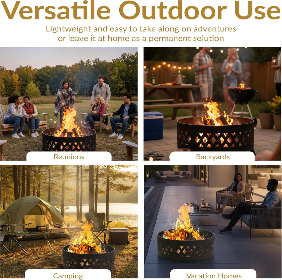 Sunnydaze 36-Inch Outdoor Fire Pit Ring with Poker - Round Heavy-Duty Steel Fire Ring for Camping or Backyard - Crossweave - 12" H