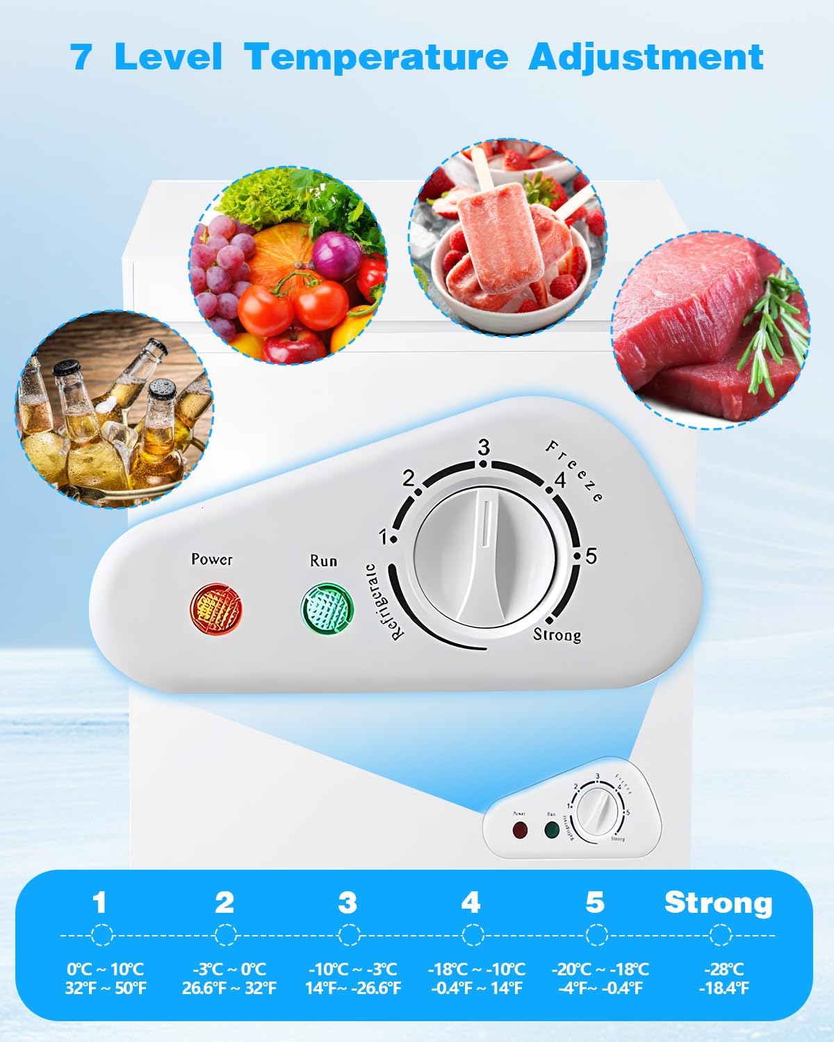 3.5 Cu.Ft Chest Freezer with a Removable Basket 7 Gears Adjustable Temperature Control(-18��F to -46��F), Deep Compact Freezer for Garage, Office, Basement, House, Kitchen, Shop, RVs-White