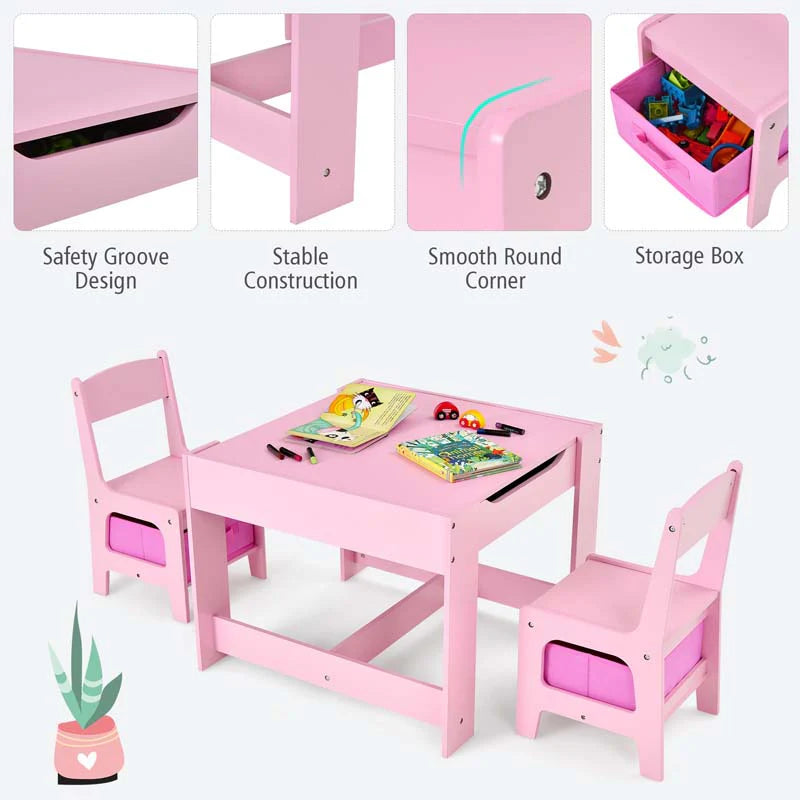 3-in-1 Kids Wood Table Chairs Set with Blackboard & Storage Drawers, Children Multi Activity Table for Learning Playing Drawing