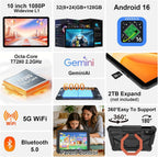 EHFiDC Tablet 10 Inch Android 16 Tablets, 32GB RAM 128GB ROM 2TB Expand, 2.2GHz Octa-Core, 6000mAh, 5G WiFi, HD IPS Display, Widevine L1, Drop-Proof EVA Case