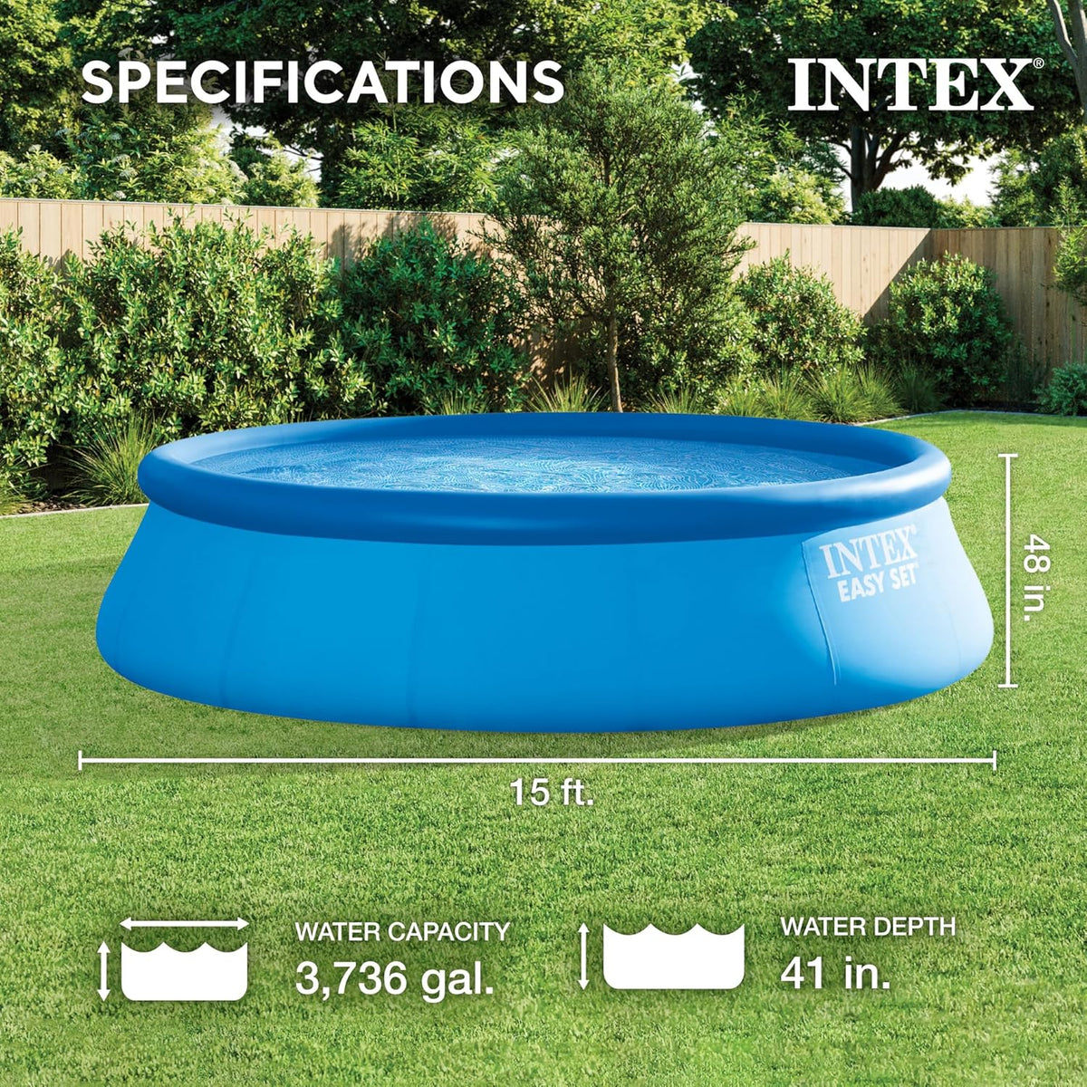Intex 28167EH Easy Set Inflatable Swimming Pool Set: 15ft x 48in – Includes 1000 GPH Cartridge Filter Pump – Removable Ladder – Pool Cover – Ground