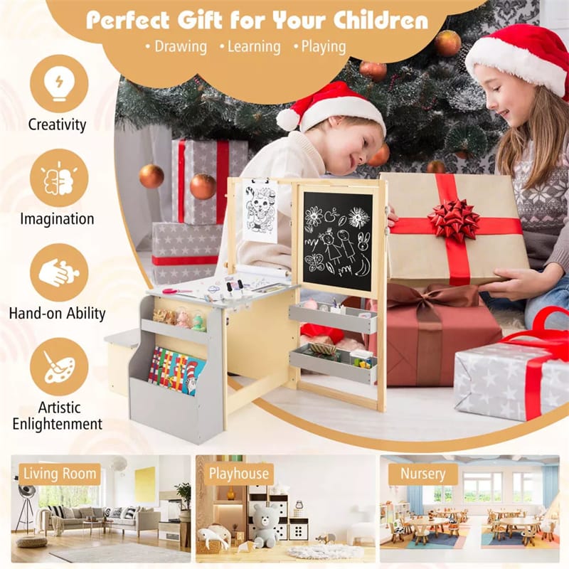 Kids Wooden Art Center Easel with Adjustable Double-Sided Blackboard & Whiteboard, Paper Roll, Toddler Art Table & Chair Set with Storage