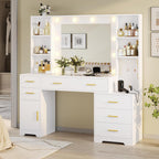 Hasuit 48.8'' Large Vanity Desk with Lighted Mirror & Power Outlet, White Makeup Vanity Table with 6 Drawers, 4 Shelves and 1 Storage Cabinet, Glass Tabletop Bedroom Dressing Table, 3 Lighting Modes