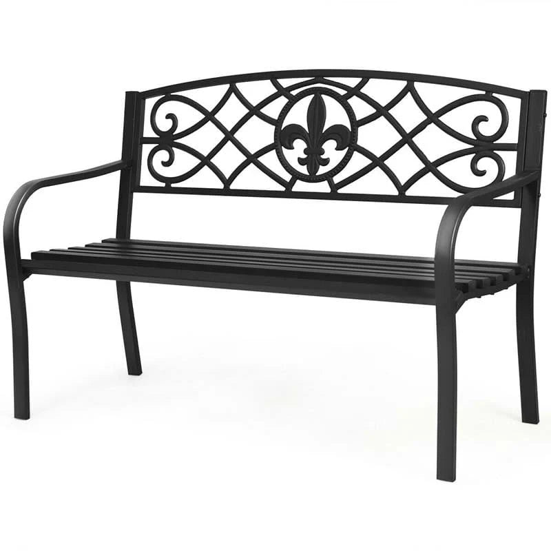 50" Weatherproof Outdoor Patio Bench with Pattern Backrest, Heavy-Duty Metal Park Bench for Garden Backyard Porch