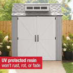 Rubbermaid Resin Outdoor Storage Shed With Floor (7 x 7 Ft) Weather Resistant Gray Organization for Home/Backyard/Garden Tools/Lawn Mower/Bike Storage/Pool Supplies