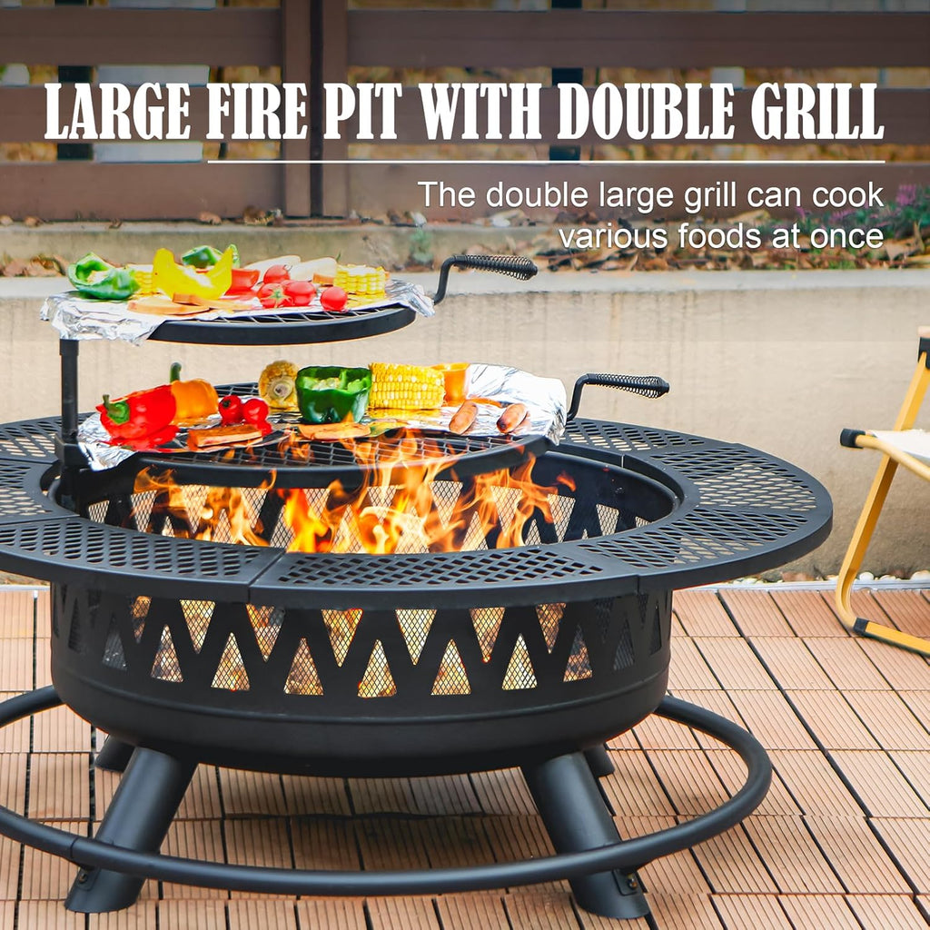 42 Inch Fire Pit with 2 Grills, Large Outdoor Firepits for Outside, Wood Burning Fireplace for Camping,Picnic,Bonfire, 3-in-1 Round Metal Table with Lid for Backyard,Patio,Party
