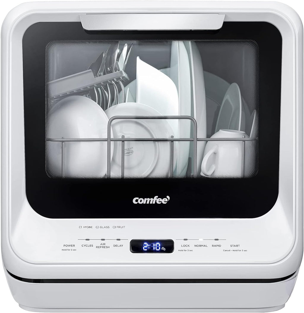 COMFEE' Portable Dishwasher Countertop with 5L Built-in Water Tank, No Hookup Needed, 6 Programs, 360° Dual Spray, 192�?High-Temp& Air-Dry Function, Mini Dishwasher for RVs, White
