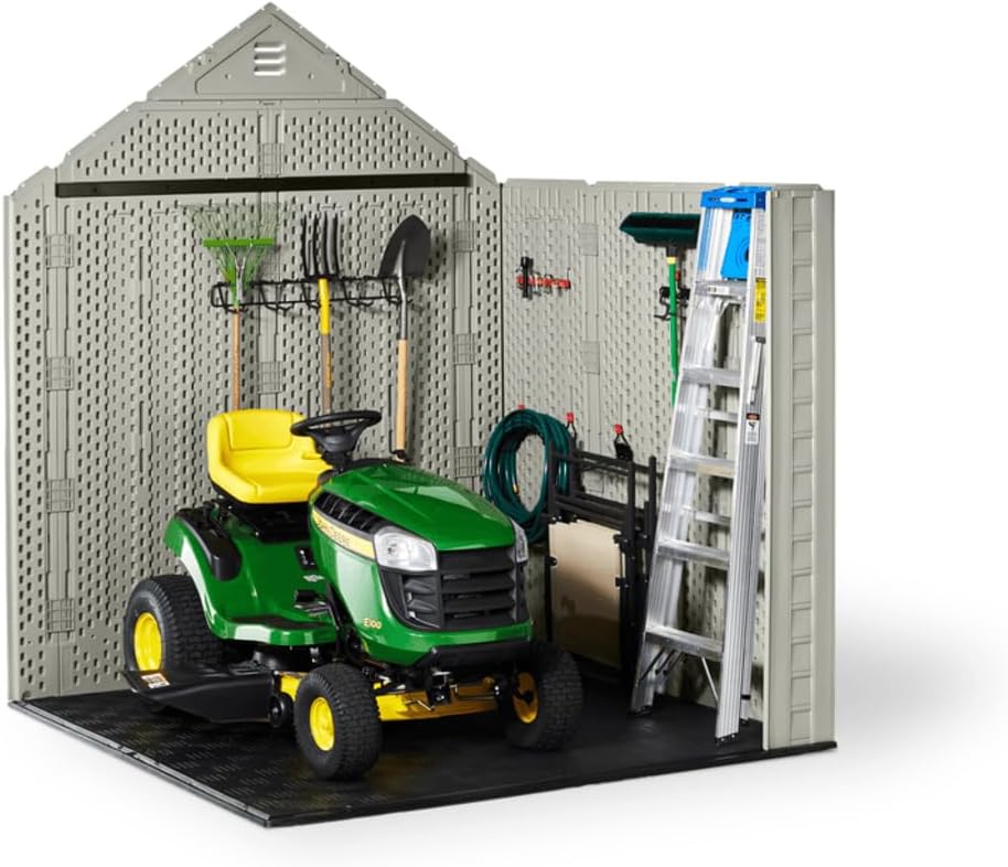 Rubbermaid Resin Outdoor Storage Shed With Floor (7 x 7 Ft) Weather Resistant Gray Organization for Home/Backyard/Garden Tools/Lawn Mower/Bike Storage/Pool Supplies