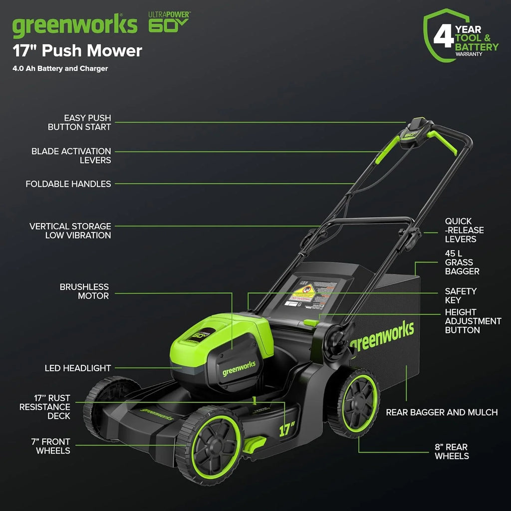 Greenworks 60V 17" Brushless (Push) Mower + 60V 13" String Trimmer, 4.0Ah Battery and 3A Charger