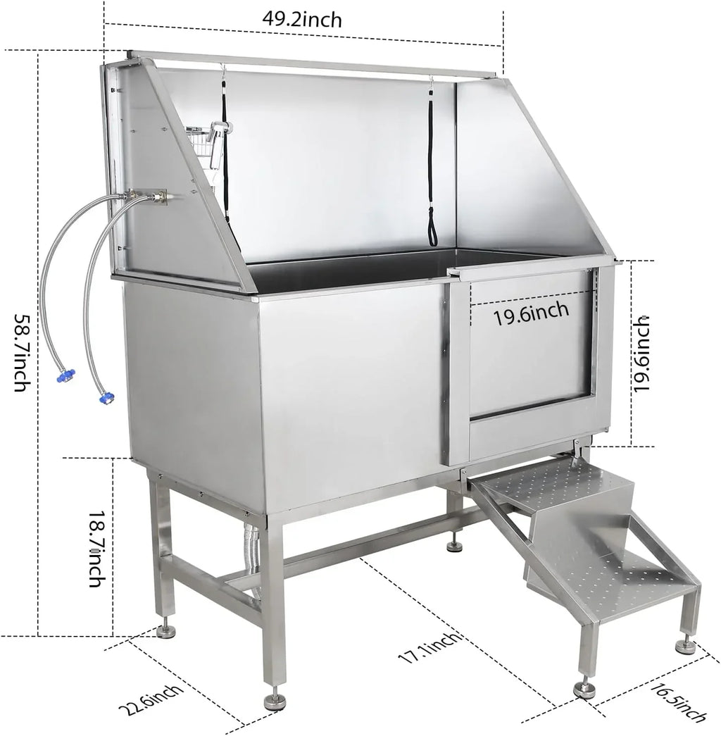 Professional Stainless Steel Dog Grooming Tub with Ramp, Faucet & Sprayer – 50” Pet Wash Station